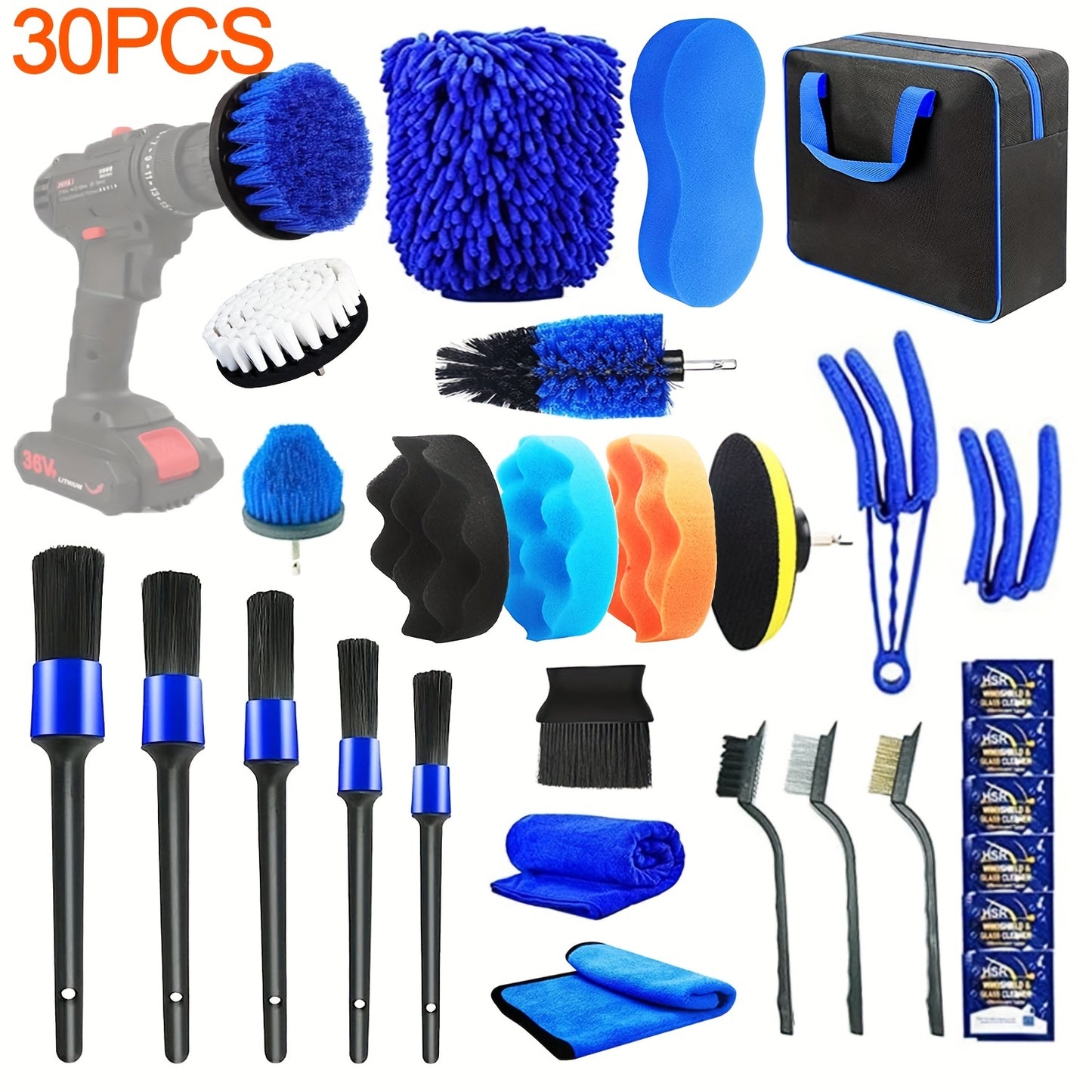 30Pcs Car Detailing Brush Set, Auto Detailing Drill Brush Set, Car Detailing Brushes, Car Buffing Sponge Pads Kit