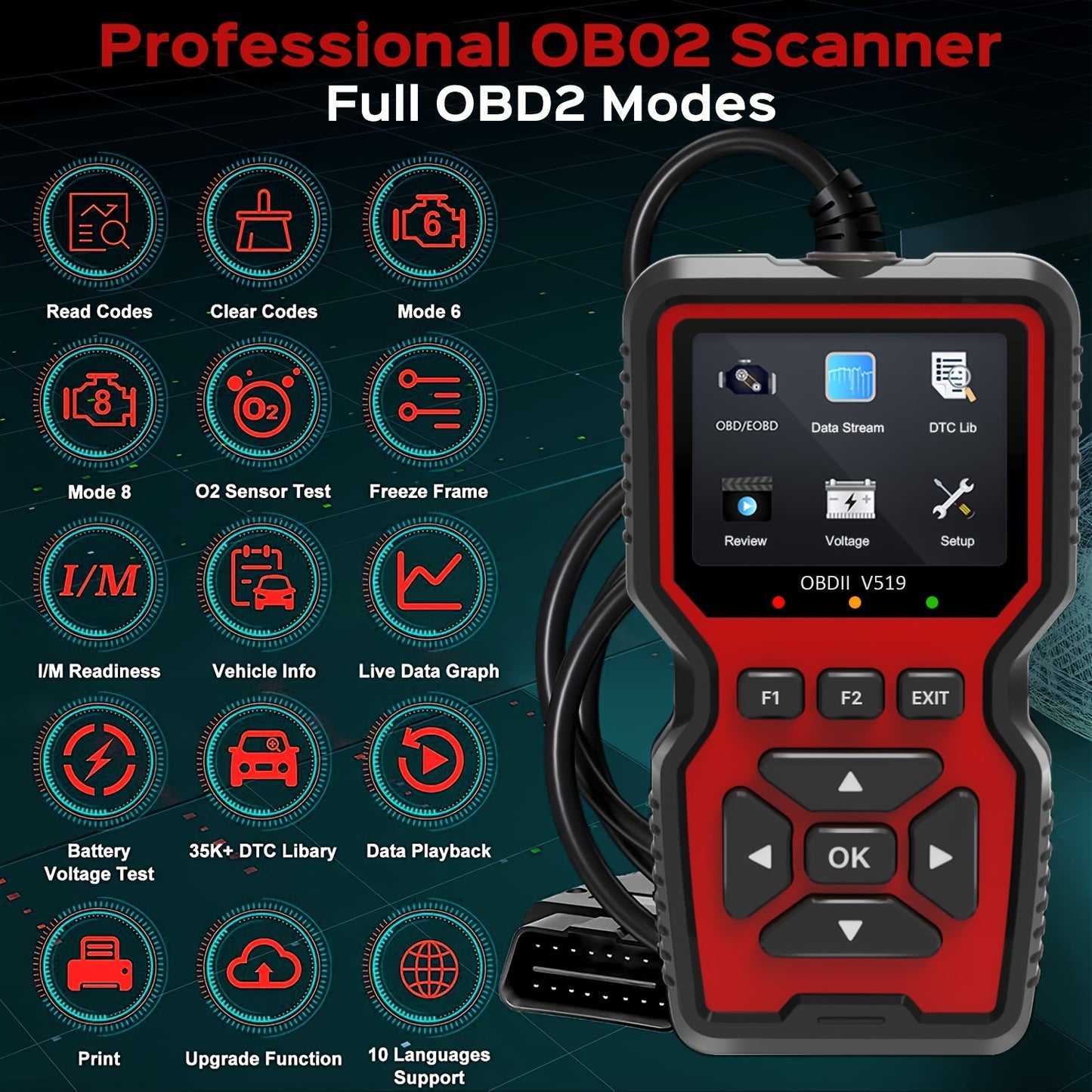 OBD2 Scanner Live Data Professional Mechanic OBDII Diagnostic Code Reader Tool For Check Engine Light