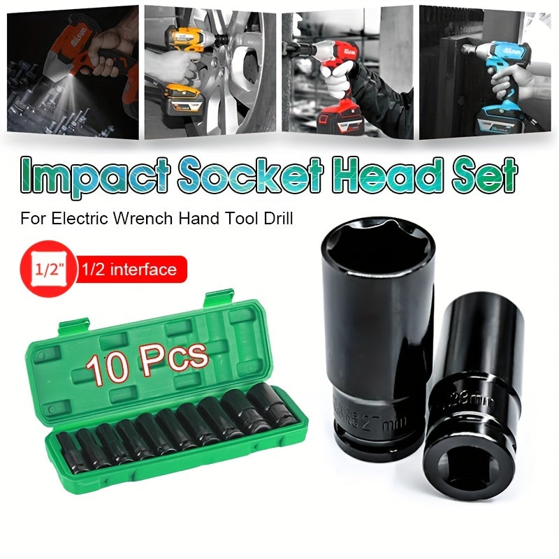 10pcs 1/2in Impact Socket Set Deep Drive Impact Socket Set Deep Sleeve  Carbon Steel Auto Repairing Tool