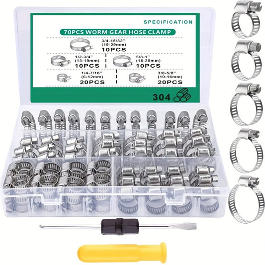 70pcs Stainless Steel Hose Clamp Assortment Kit, Adjustable 1/4"-1-5/32"(6-29mm) Worm Gear Hose Clamp Set, Metal Fuel Line Hose Clamps With Screwdriver For Automotive, Plumbing,Radiator(5 Sizes)