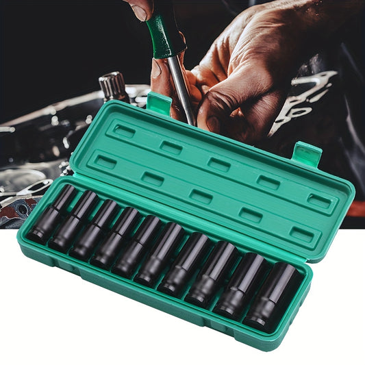 10pcs 1/2in Impact Socket Set Deep Drive Impact Socket Set Deep Sleeve  Carbon Steel Auto Repairing Tool